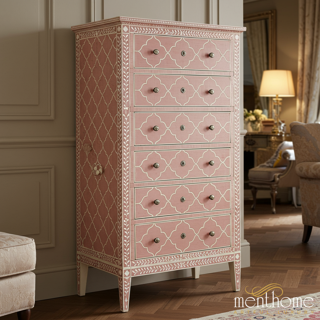 Pink Moroccan Style Tall Chest of Drawers | Luxury Handmade Tallboy - M(28"Wx18"Dx54"H) / Bone-like Pink Moroccan Style Tall Chest of Drawers | Luxury Handmade Tallboy - M(28"Wx18"Dx54"H) / Bone-like