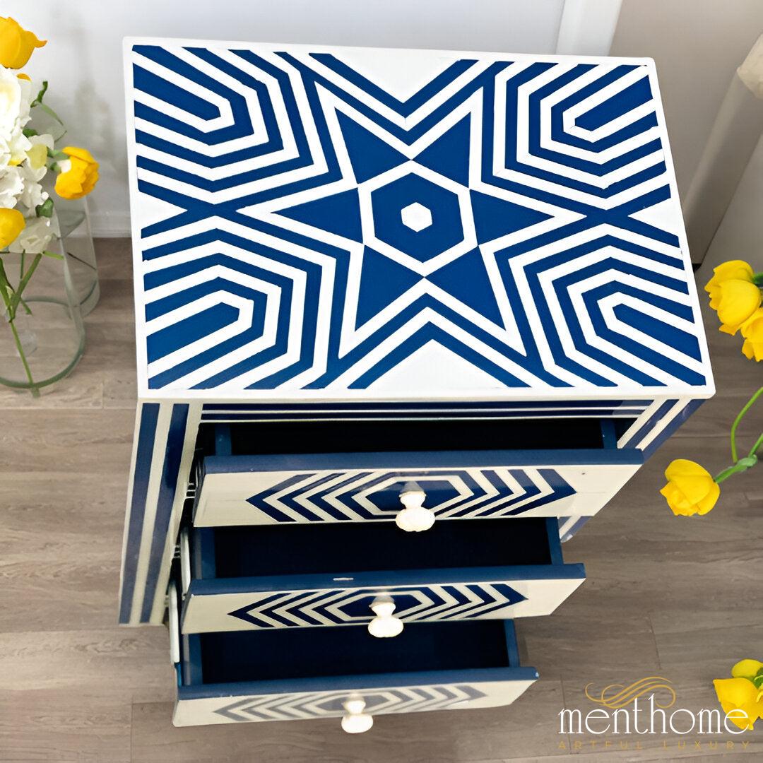 Star Design Blue and White 3 Drawer Resin Bedside Table | Luxury Handmade Bedside Table