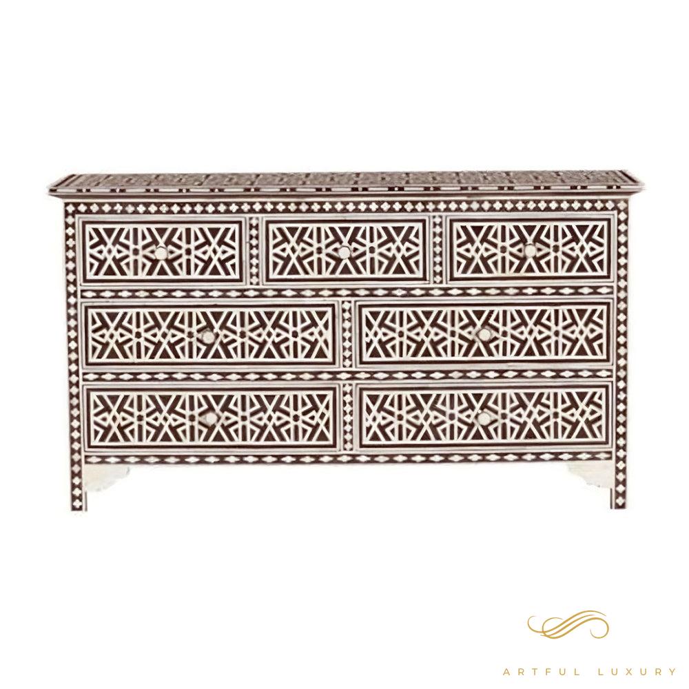 Handmade Bone inlay 7 Drawer dresser Black and White | Luxury Handmade Dresser