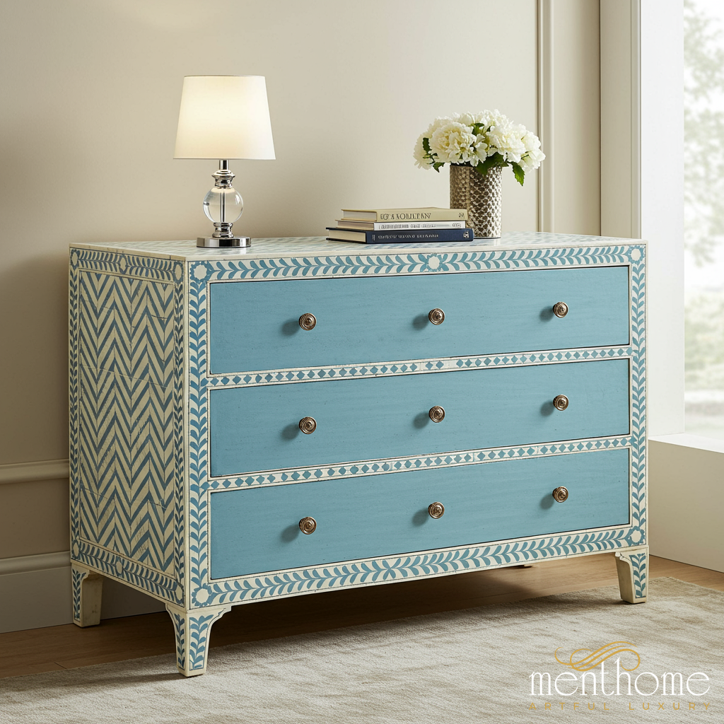 Blue and White Patterned 3-Drawer Chest | Luxury Handmade Dresser