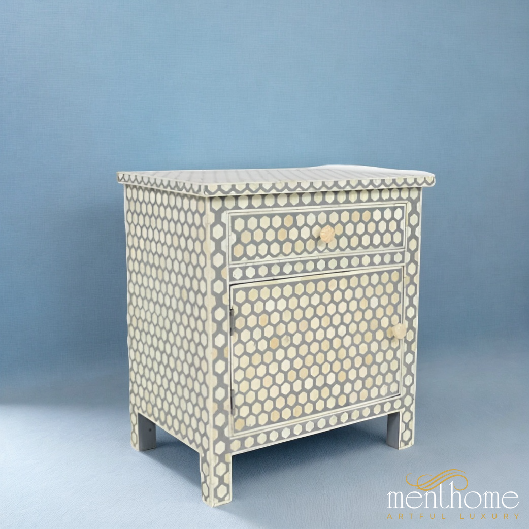 Bone Inlay 1 Drawer and One Door Bedside table | Luxury Handmade Bedside Table