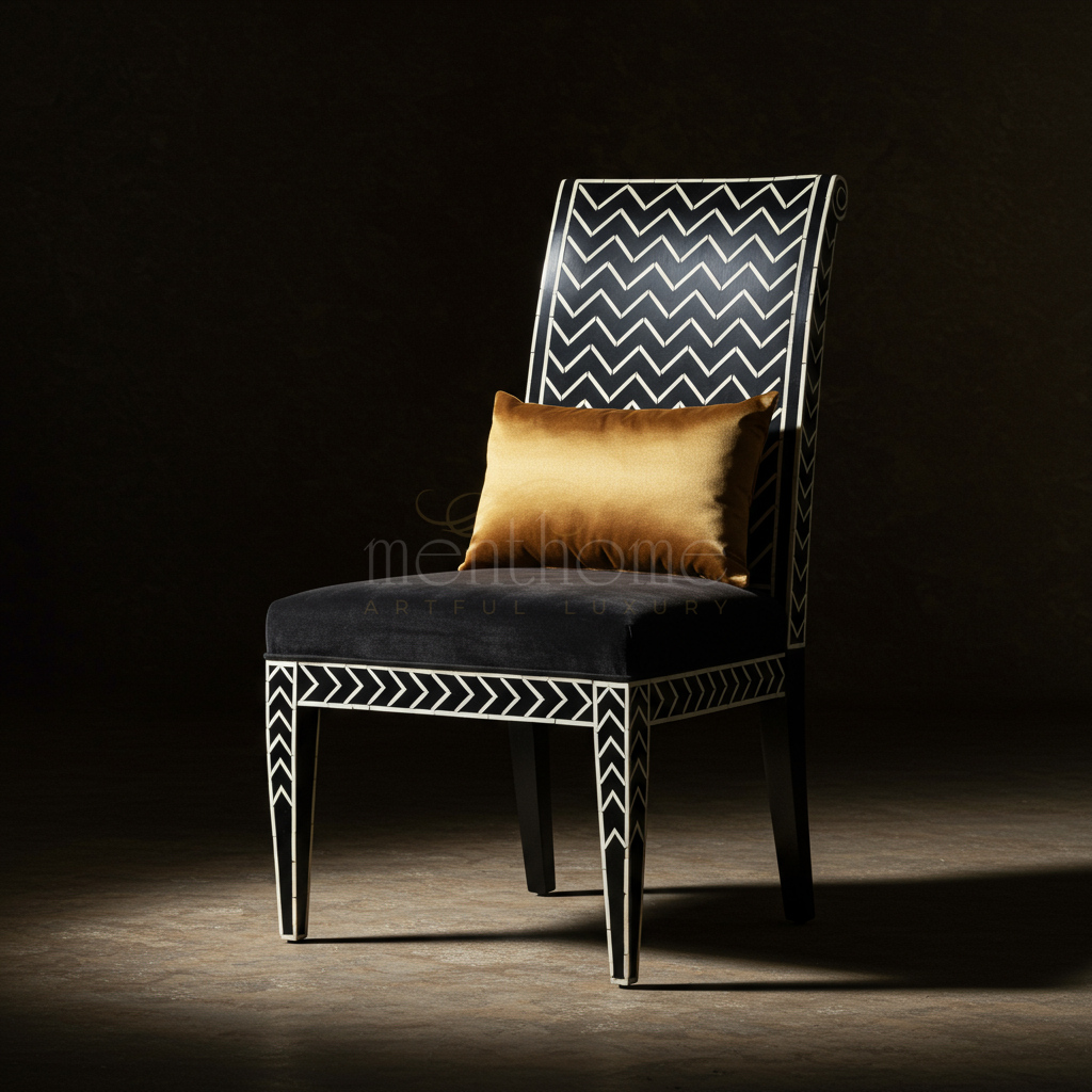 Inlay Chevron Pattern Accent Chair with Golden Velvet Cushion | Luxury Handmade Chair