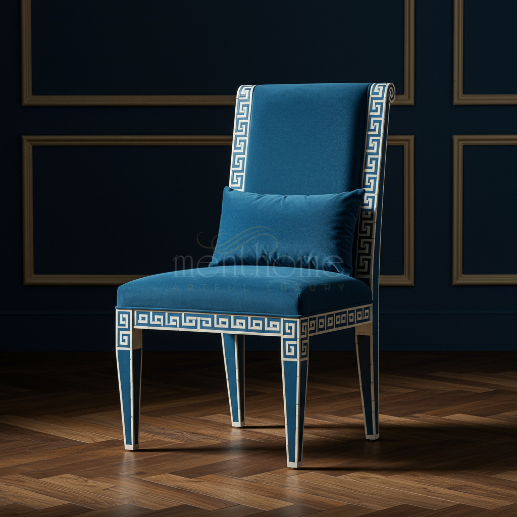 Inlay Blue Velvet Chair with Greek Key Pattern | Luxury Handmade Chair