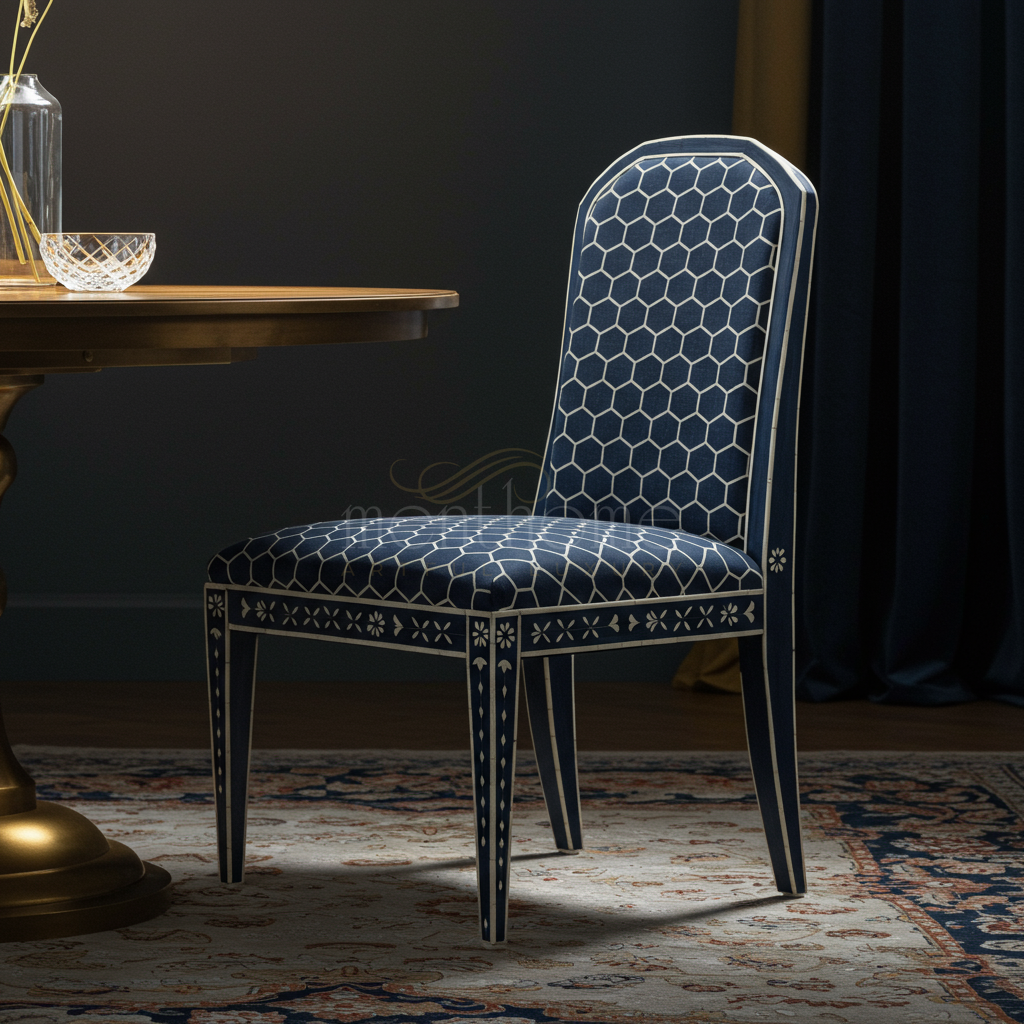 Elegant Inlay Chair with Blue Geometric Upholstery | Luxury Handmade Chair