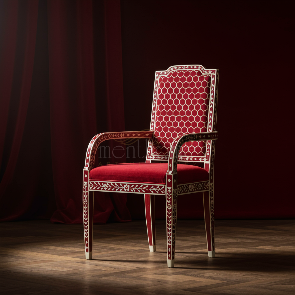 Inlay Chair with Red Velvet Upholstery and Intricate Bone Inlay | Luxury Handmade Chair