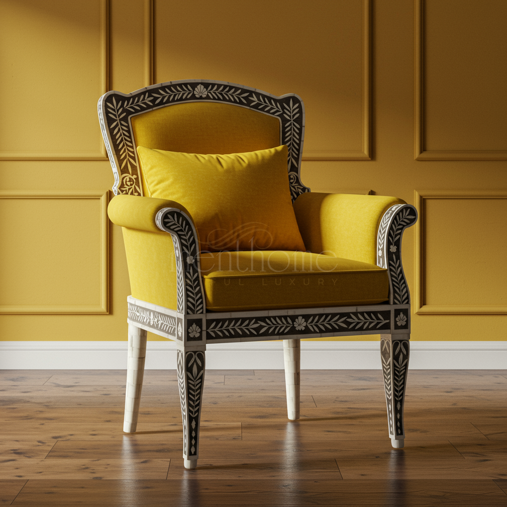 Luxurious Inlay Armchair with Yellow Velvet Upholstery | Luxury Handmade Chair