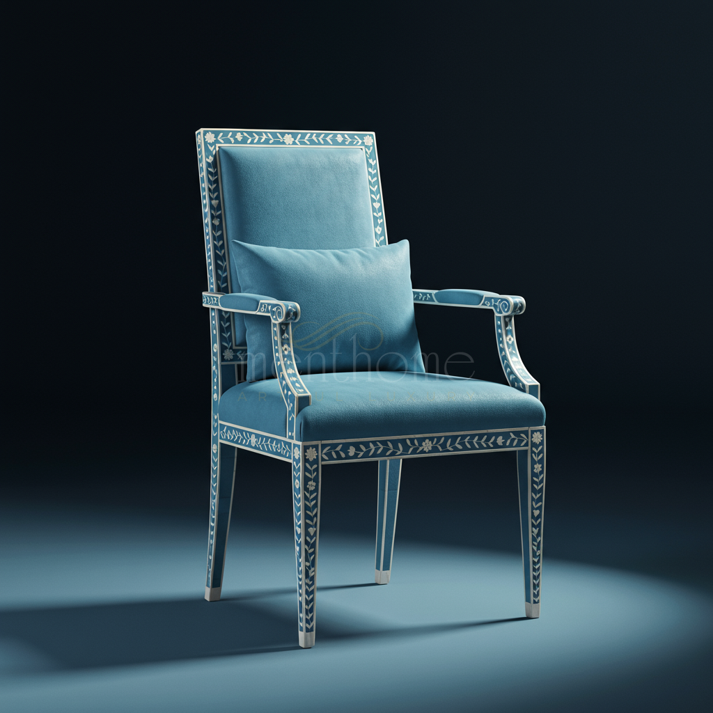 Luxurious Blue Inlay Armchair with Floral Motifs | Luxury Handmade Chair