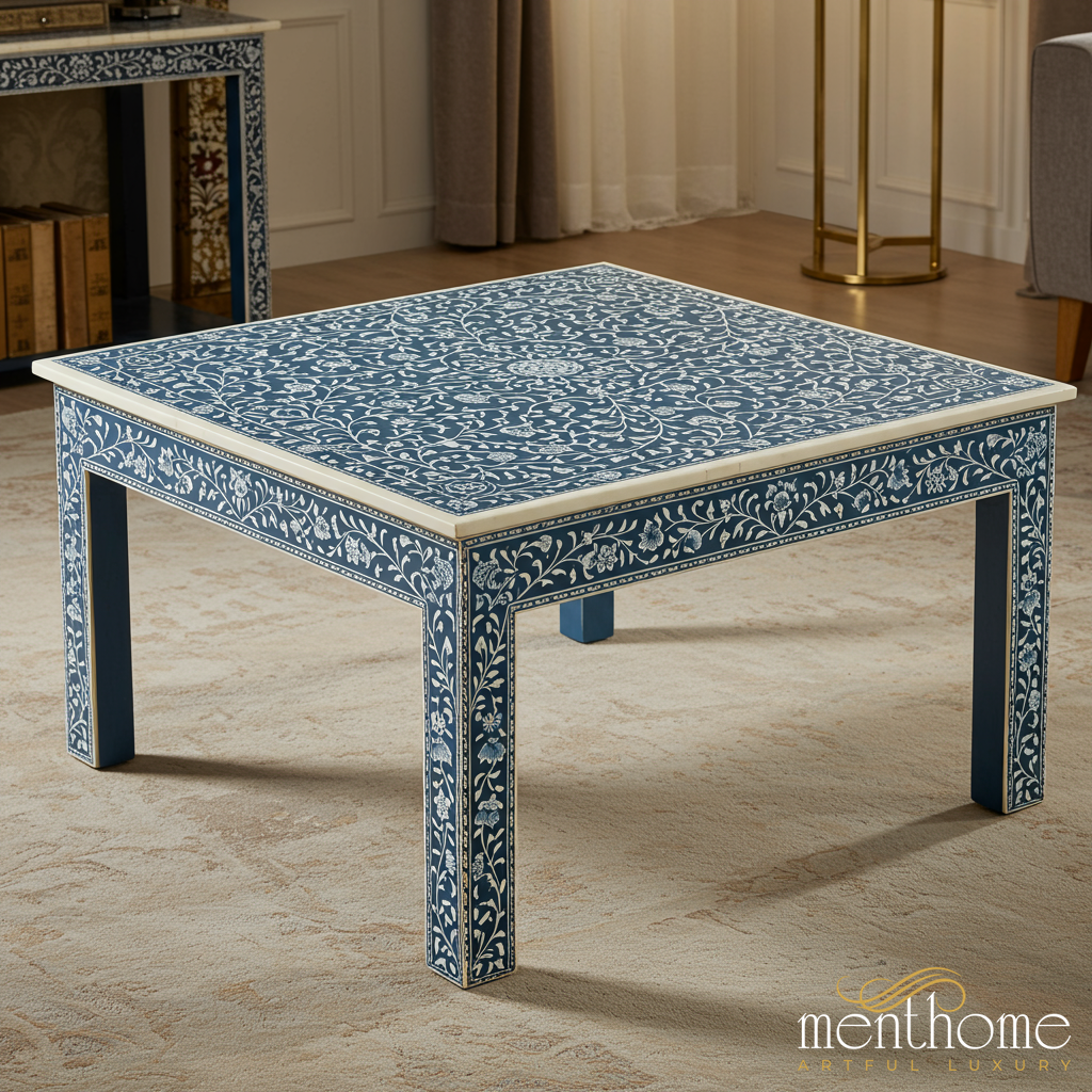 Handcrafted Blue Floral Inlay Coffee Table | Luxury Handmade Coffee Table