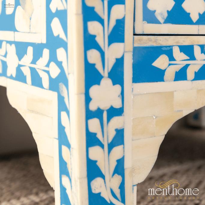 Handcrafted Furniture Bone Inlay Light Blue Bedside Table | Luxury Handmade Bedside Table