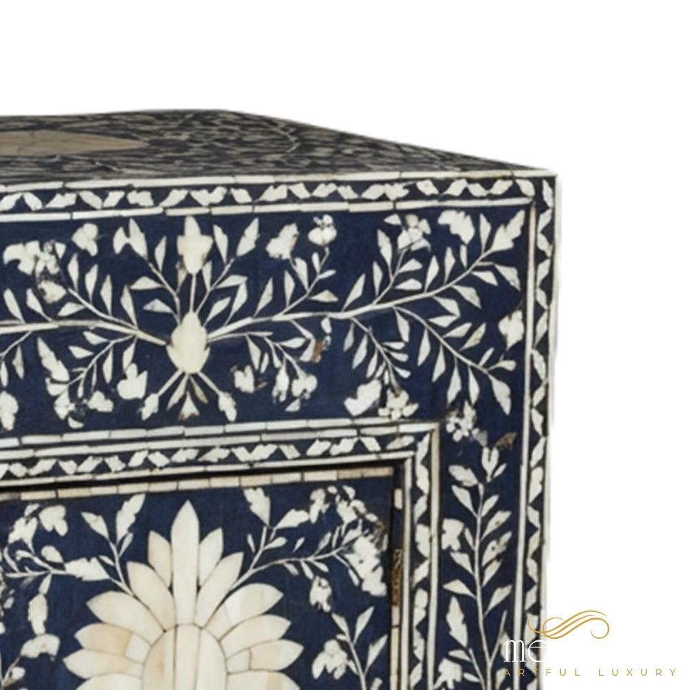 Navy Blue Bone Inlay Handmade Bedside Table with Two Drawers | Luxury Handmade Bedside Table