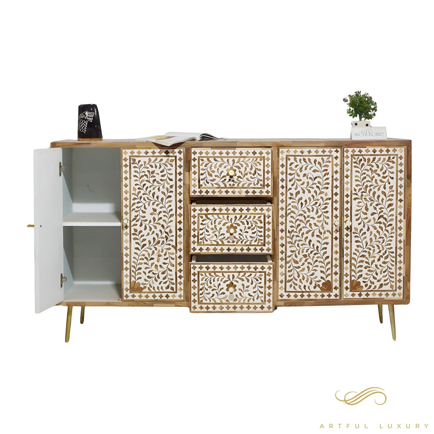Floral Pattern Wooden Inlay 4-door and 3 drawers cabinet | Luxury Handmade Cabinet