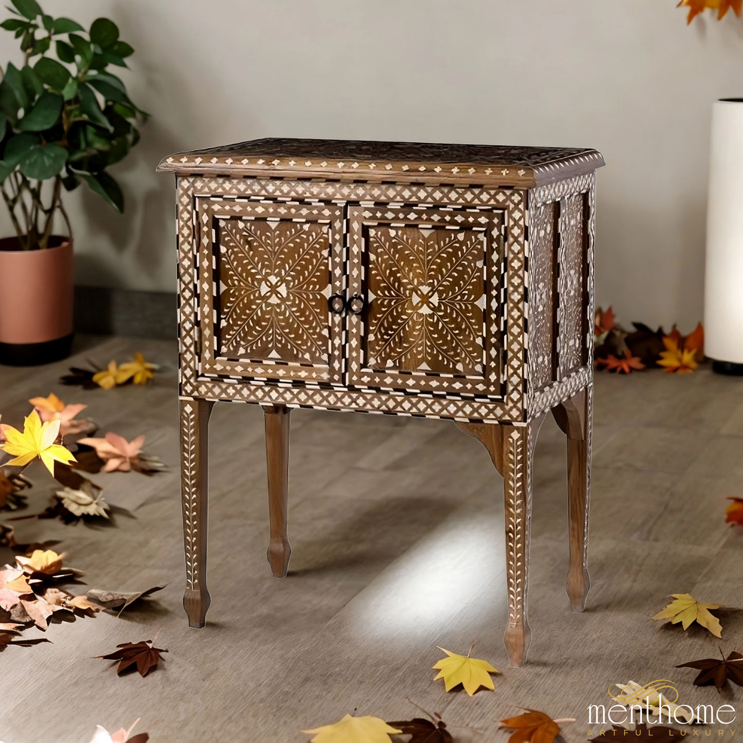 Teak Wood and Bone Inlay Bedside Table, Wooden Bone Inlay Storage Furniture | Luxury Handmade Bedside Table