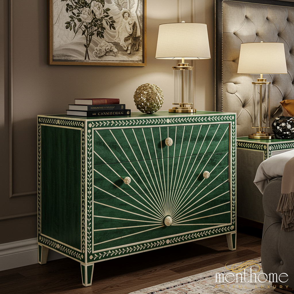Emerald Green Inlay Wooden Chest of Drawers | Luxury Handmade Dresser - L(76"Wx18"Dx34"H) / Bone Inlay Emerald Green Inlay Wooden Chest of Drawers | Luxury Handmade Dresser - L(76"Wx18"Dx34"H) / Bone Inlay