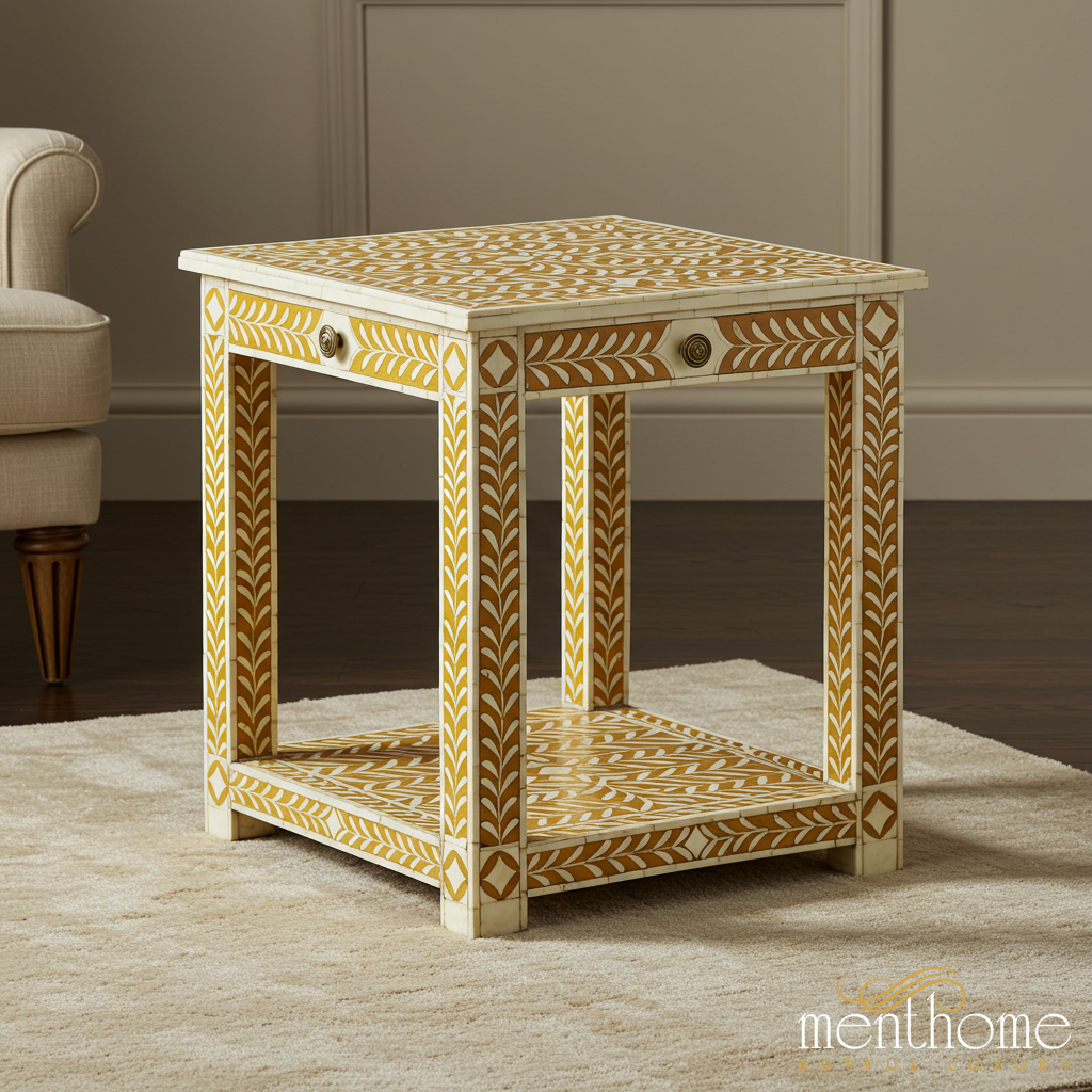 Handcrafted Inlay Side Table with Decorative Leaf Pattern | Luxury Handmade Side Table