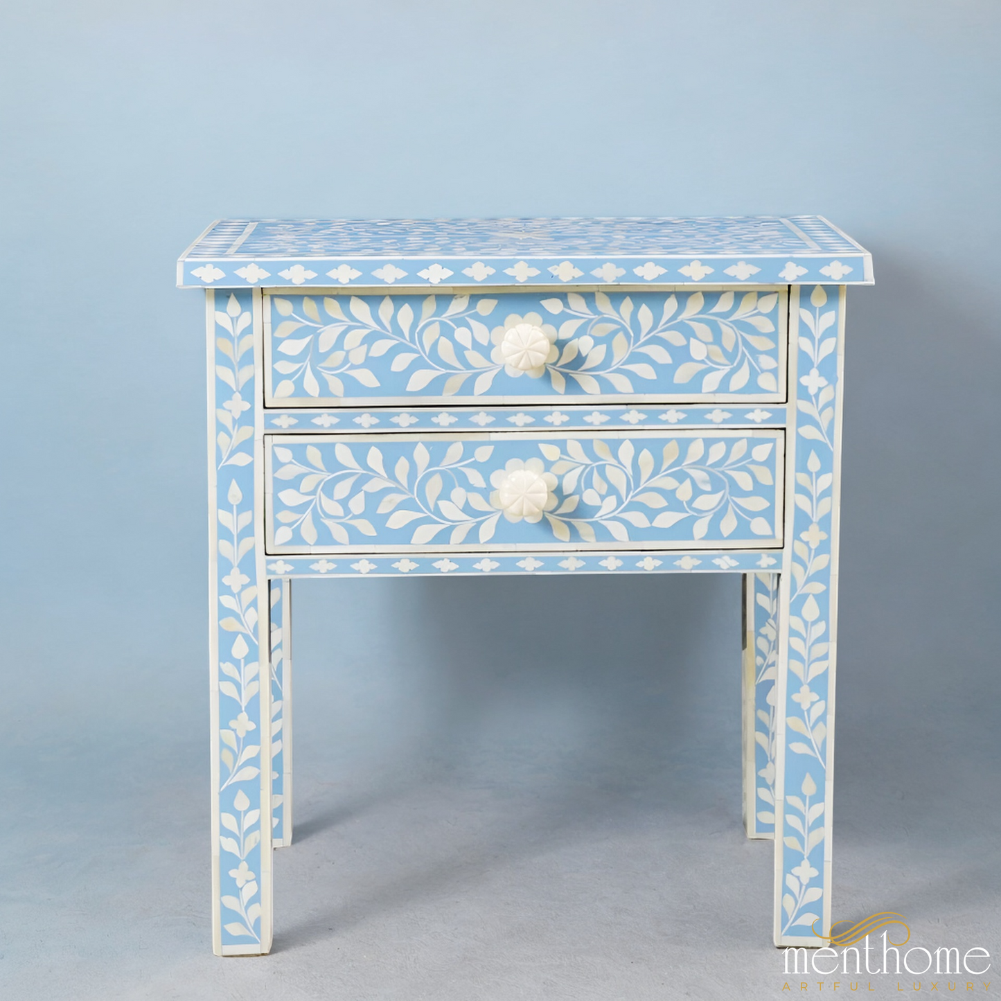 Handmade Blue Bone Inlay Bedside Table Wooden Table | Luxury Handmade Bedside Table