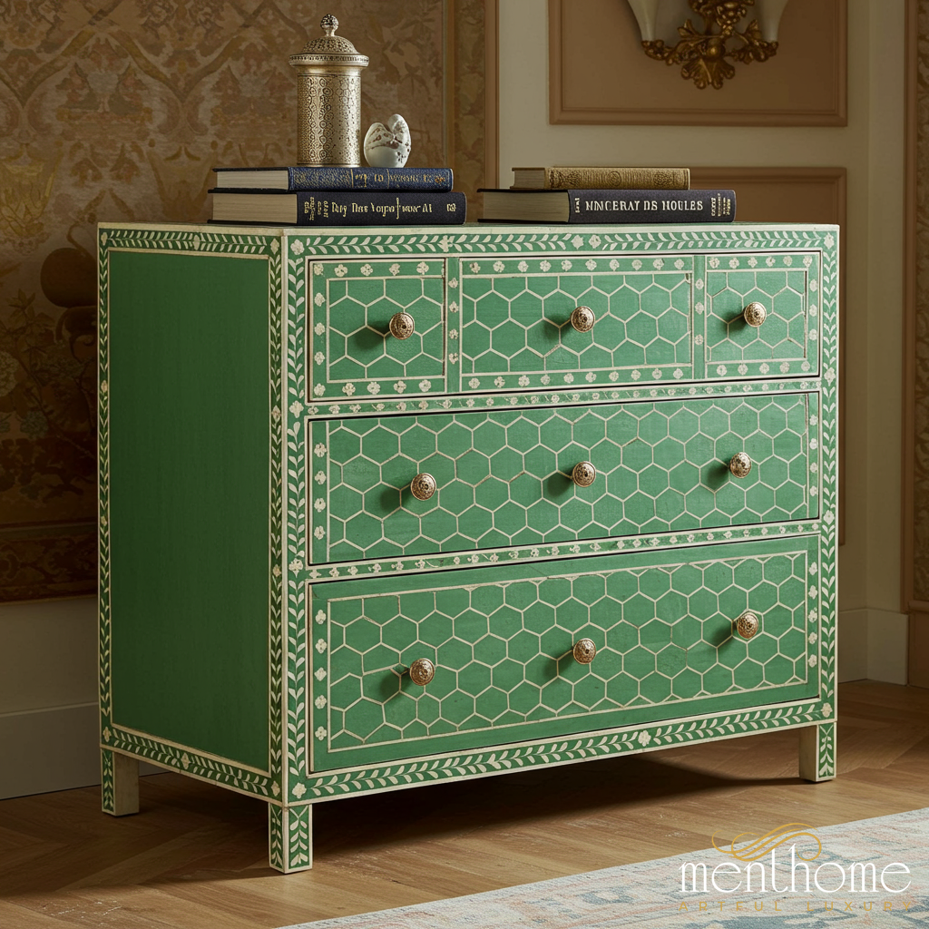 Green Handcrafted Wooden Dresser with Geometric Inlay | Luxury Handmade Dresser - M(60"Wx18"Dx30"H) / Bone-like Green Handcrafted Wooden Dresser with Geometric Inlay | Luxury Handmade Dresser - M(60"Wx18"Dx30"H) / Bone-like