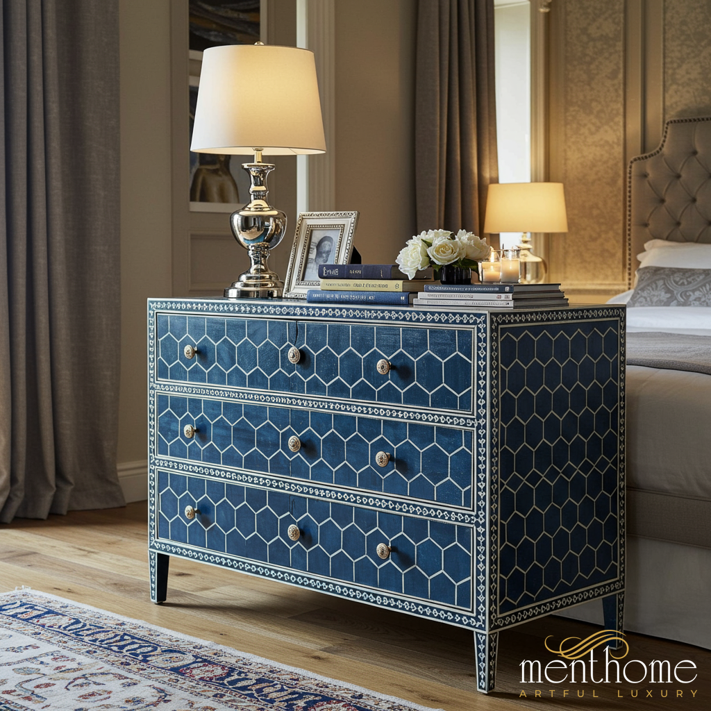 Blue Geometric Patterned 3-Drawer Dresser | Luxury Handmade Dresser Menthome USA Blue Geometric Patterned 3-Drawer Dresser | Luxury Handmade Dresser Menthome USA