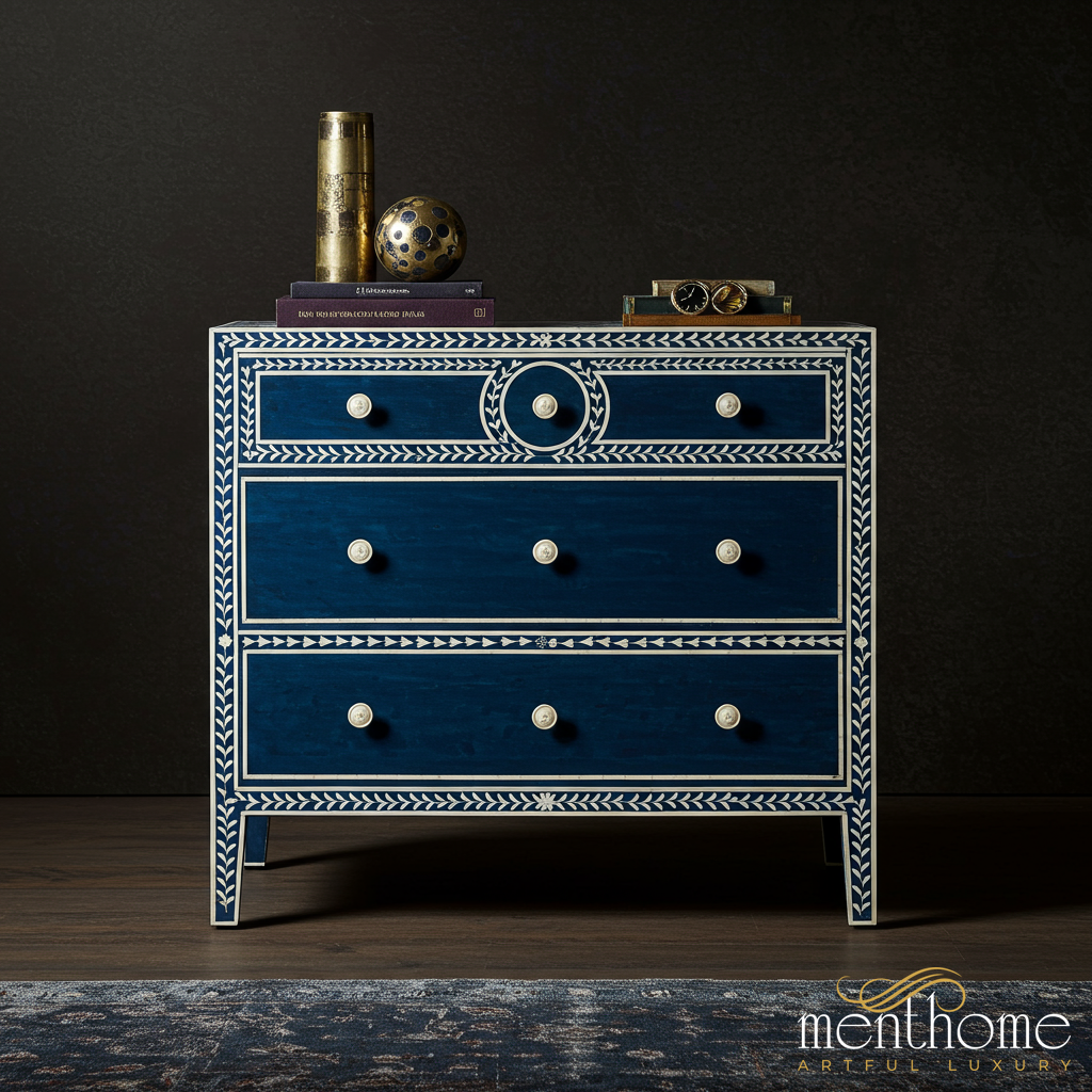 Blue Decorative Wooden Chest of Drawers with Inlay Design | Luxury Handmade Chest of Drawer