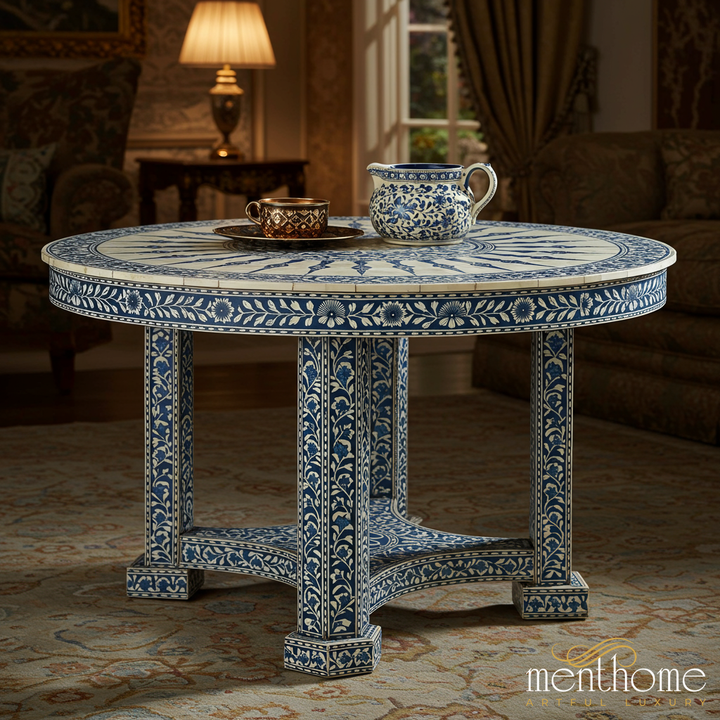 Handcrafted Floral Inlay Round Coffee Table | Luxury Handmade Coffee Table