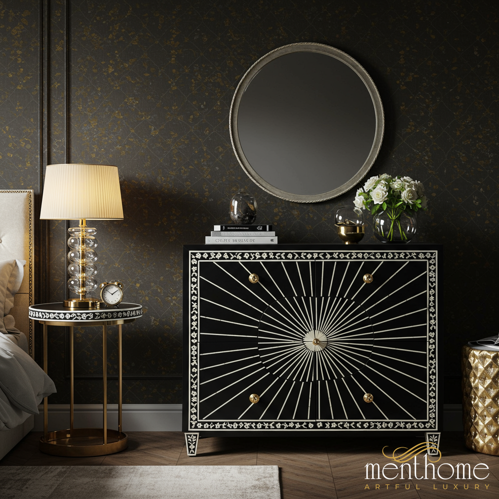 Elegant Black and Gold Decorative Chest of Drawers | Luxury Handmade Dresser - M(60"Wx18"Dx30"H) / Bone Inlay Elegant Black and Gold Decorative Chest of Drawers | Luxury Handmade Dresser - M(60"Wx18"Dx30"H) / Bone Inlay