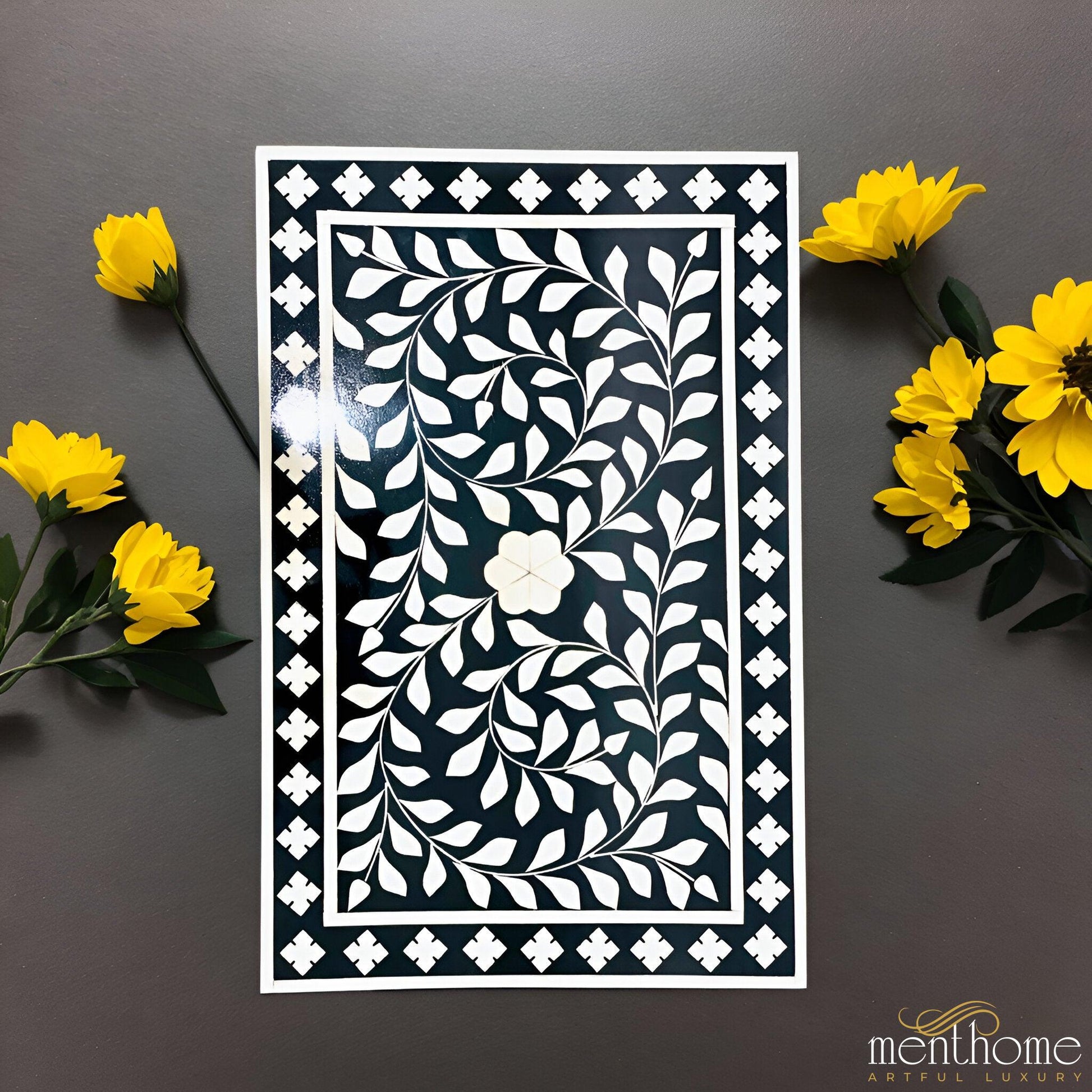 Floral Pattern Black Bedside Table - 1 Drawer and 2 Doors | Luxury Handmade Bedside Table