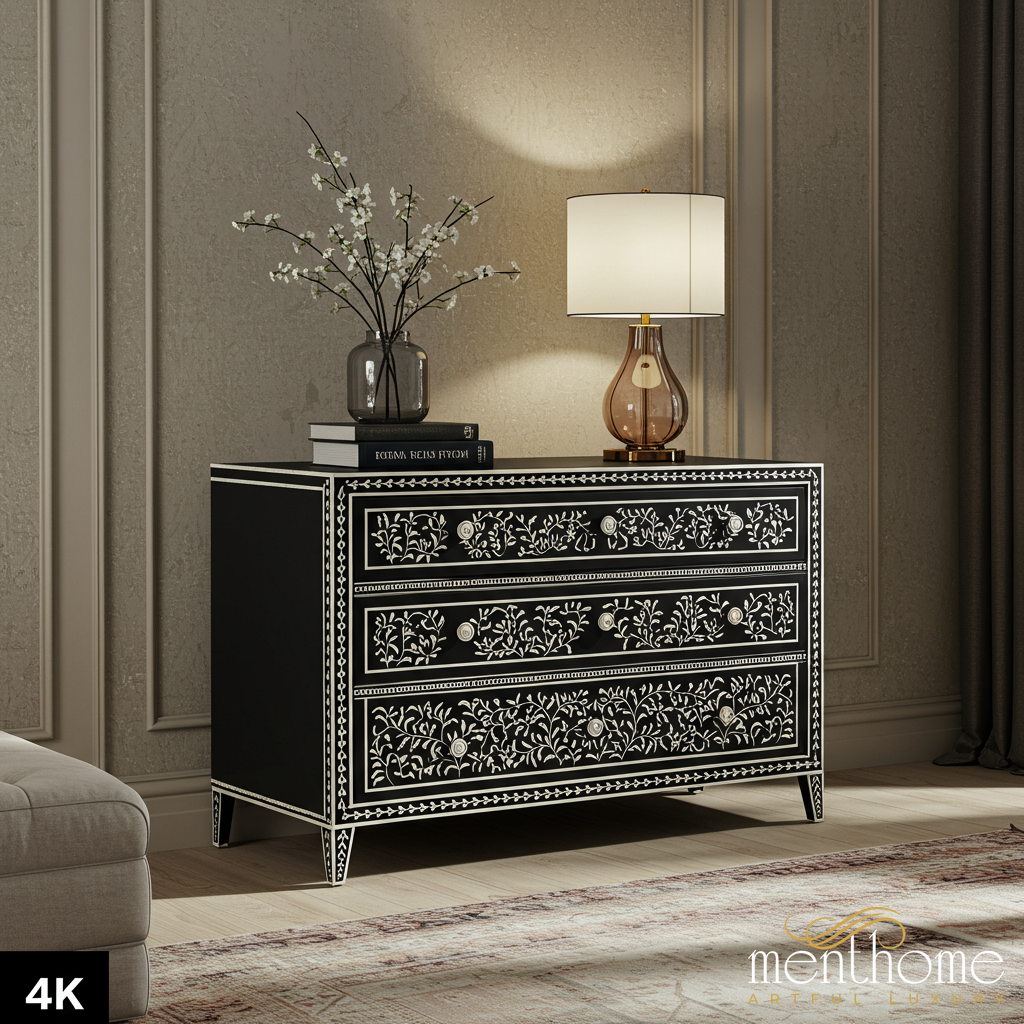 Black and White Floral Inlay Wooden Dresser | Luxury Handmade Chest of Drawer