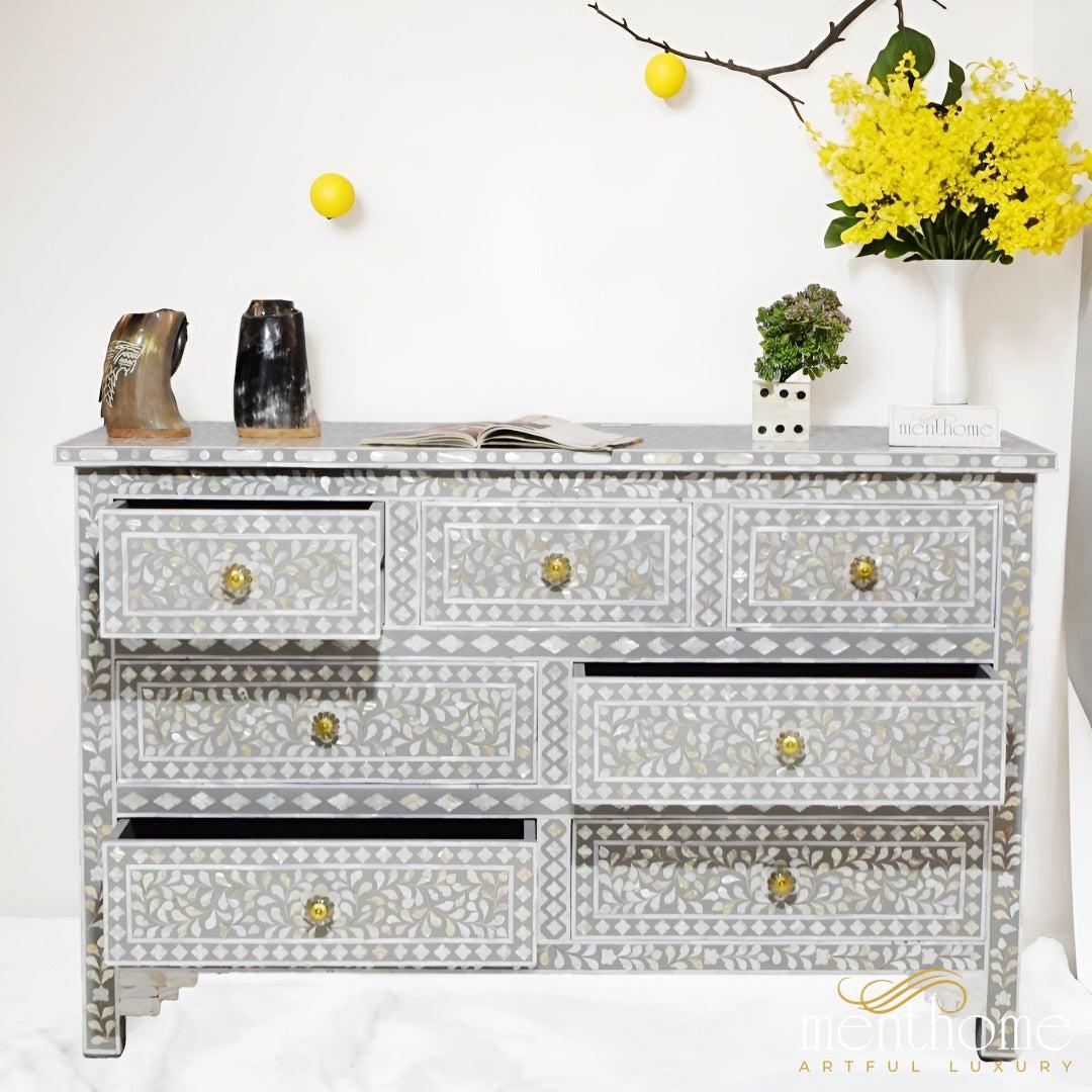 Floral Dresser Seven Drawer crafted with Mother of Pearl | Luxury Handmade Dresser