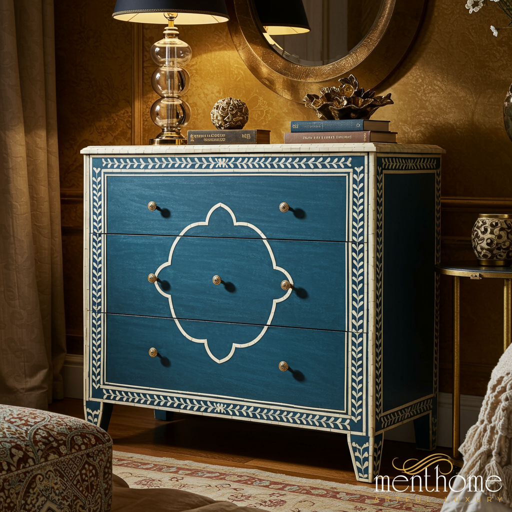 Blue Vintage Inspired Chest Of Drawers With Intricate White… Blue Vintage Inspired Chest Of Drawers With Intricate White…