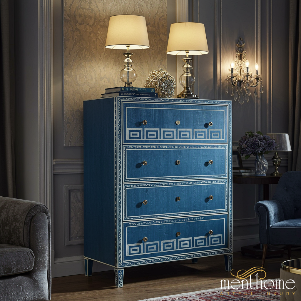 Elegant Blue Wooden Dresser with Classic Pattern | Luxury Handmade Tallboy