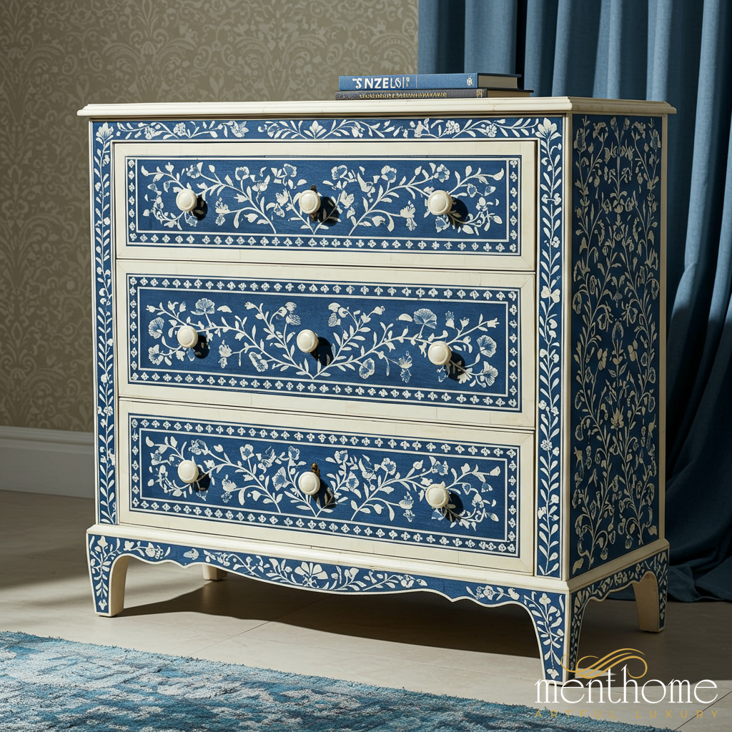 Hand-Painted Blue Floral Wooden Chest of Drawers | Luxury Handmade Chest of Drawer