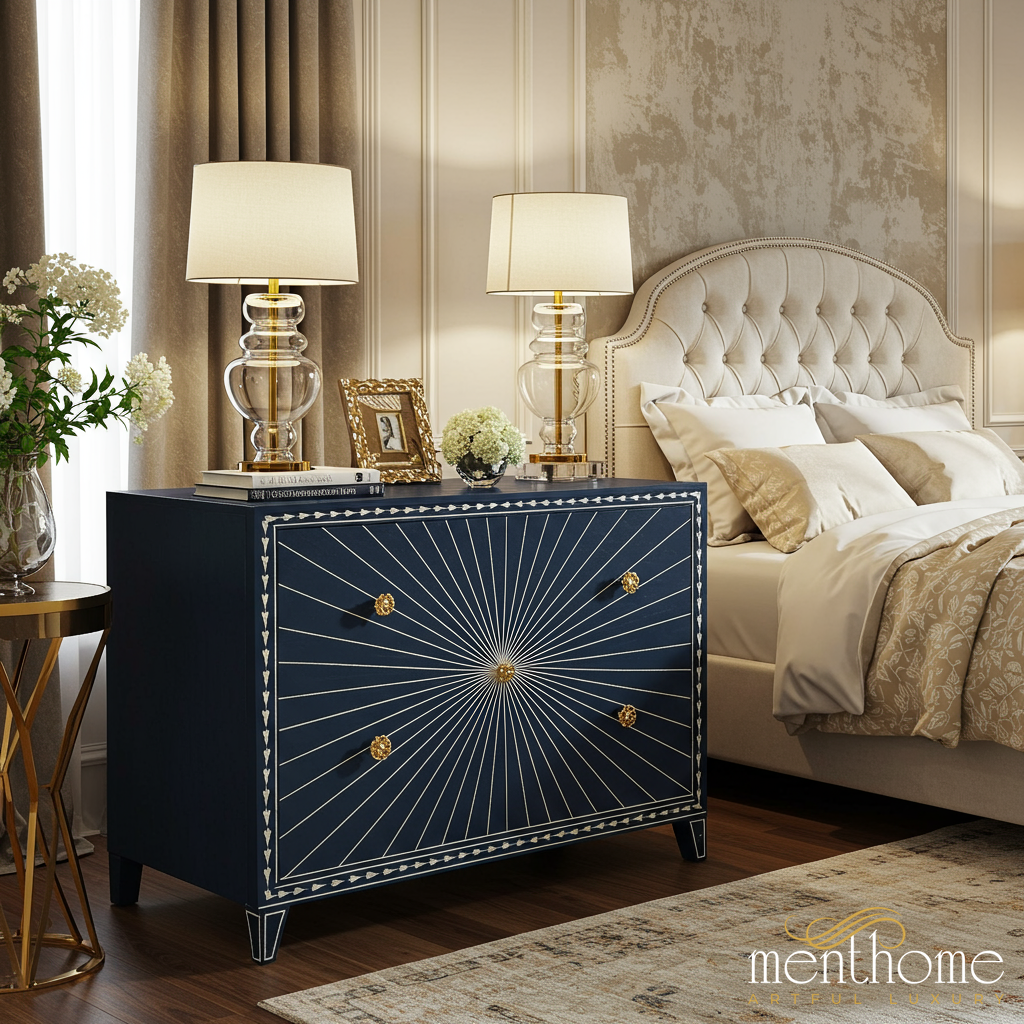 Elegant Navy Blue Sunburst Patterned Chest of Drawers Elegant Navy Blue Sunburst Patterned Chest of Drawers