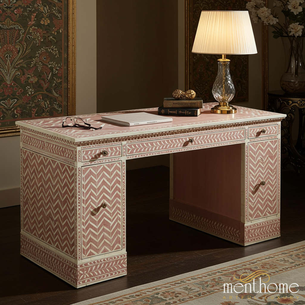 Handcrafted Pink and White Bone Inlay Desk | Luxury Handmade Desk