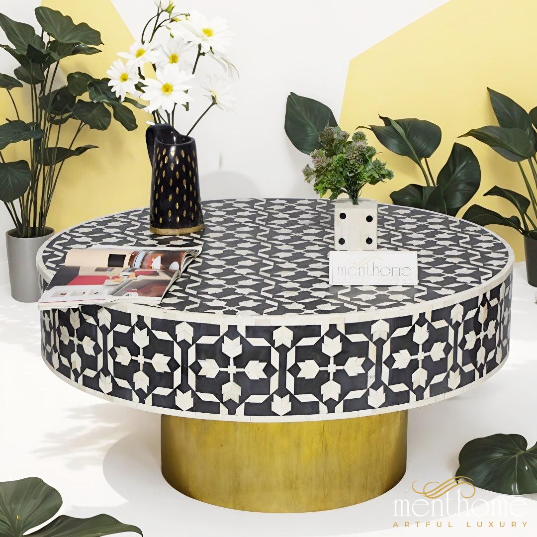 Black Coffee Table Bow Pattern Bone Inlay | Luxury Handmade Coffee Table