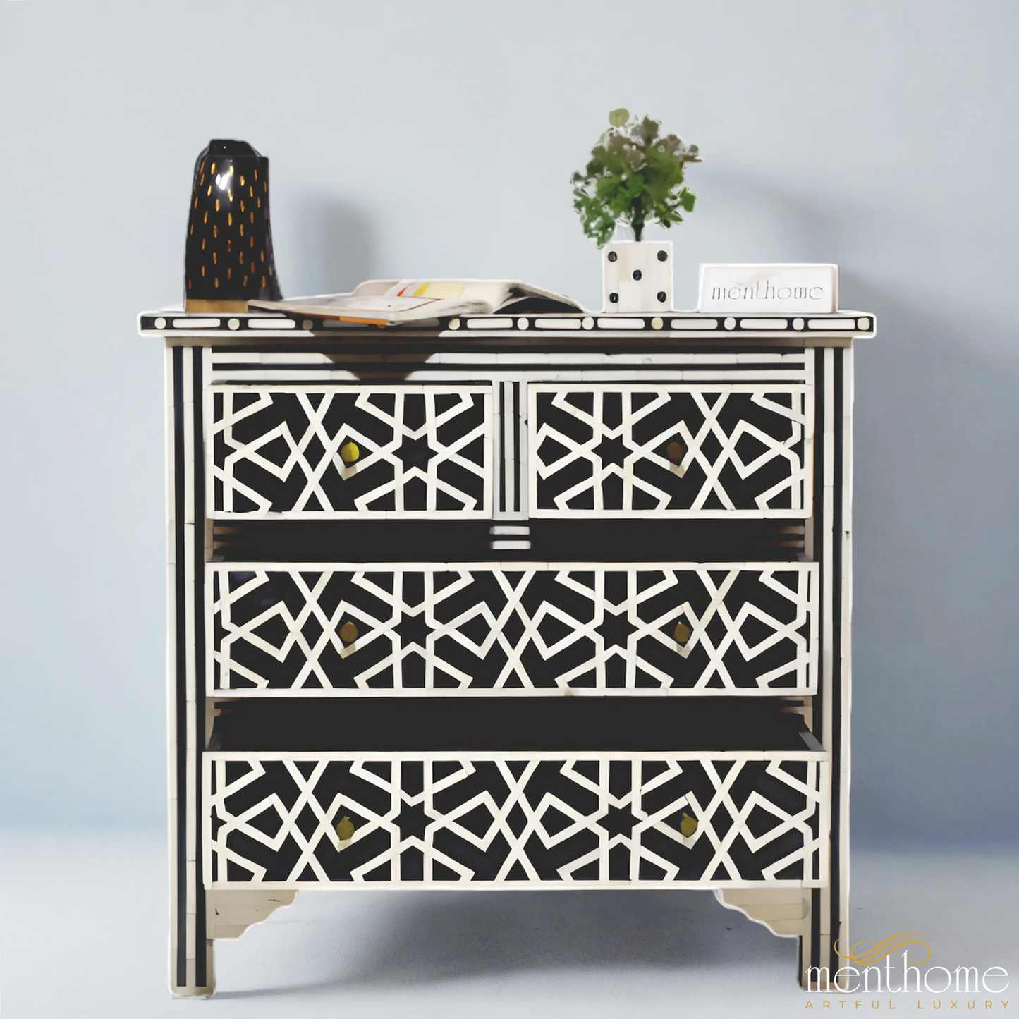 Black 4 drawer dresser Zikzak Bone Inlay | Luxury Handmade Dresser