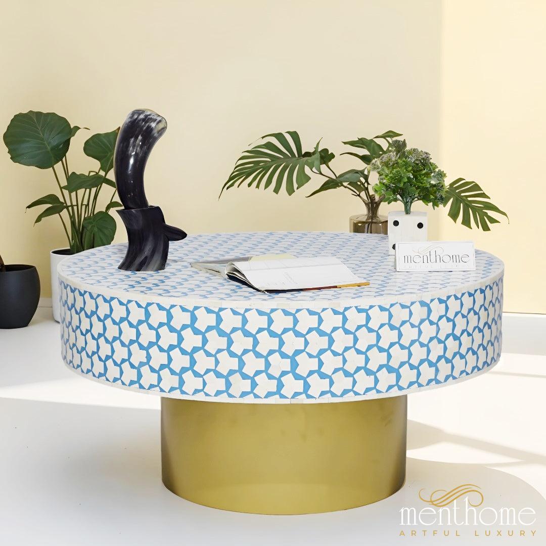 Sky Blue Coffee Table Round, featuring a sleek Brass Base | Luxury Handmade Coffee Table