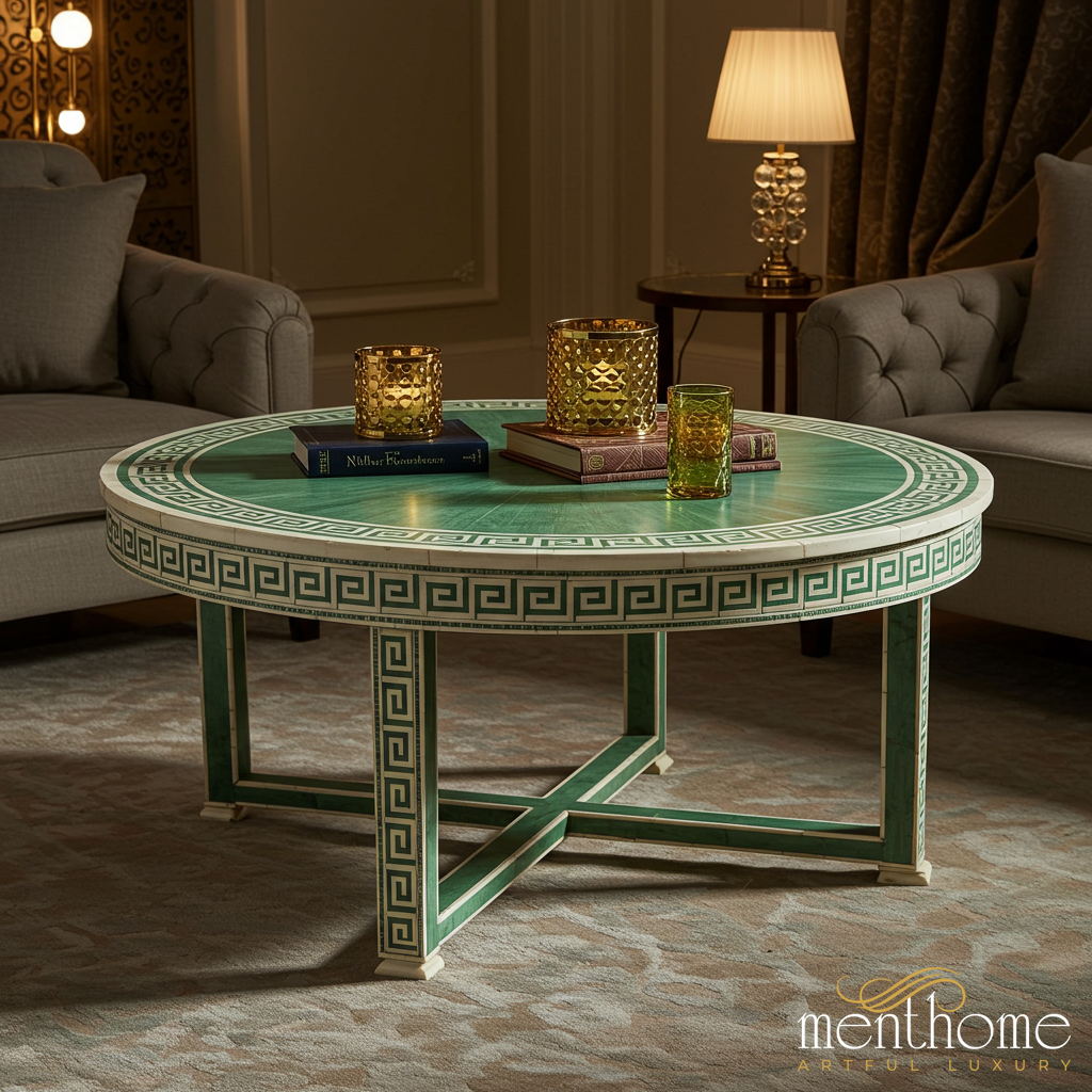Elegant Green and White Round Coffee Table with Greek Key Design | Luxury Handmade Coffee Table