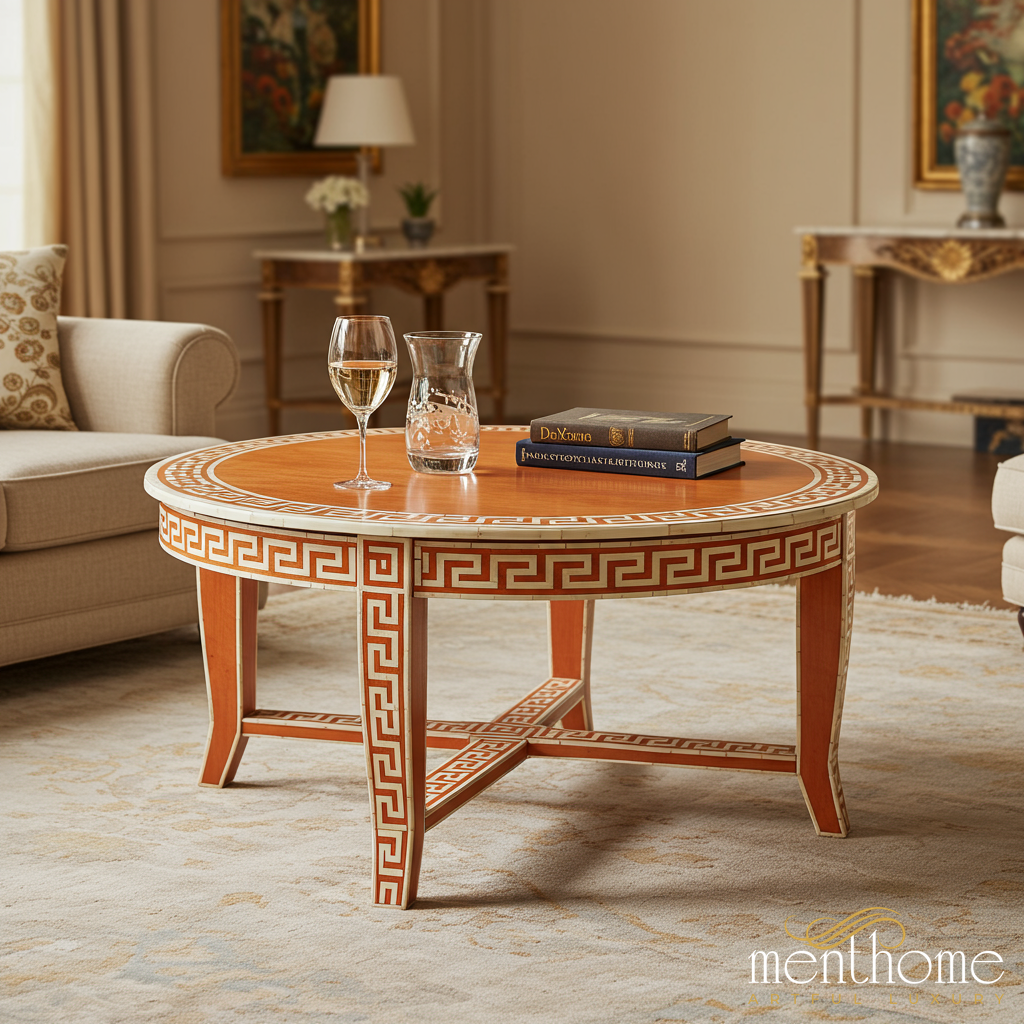 Elegant Round Wooden Coffee Table with Greek Key Pattern | Luxury Handmade Coffee Table
