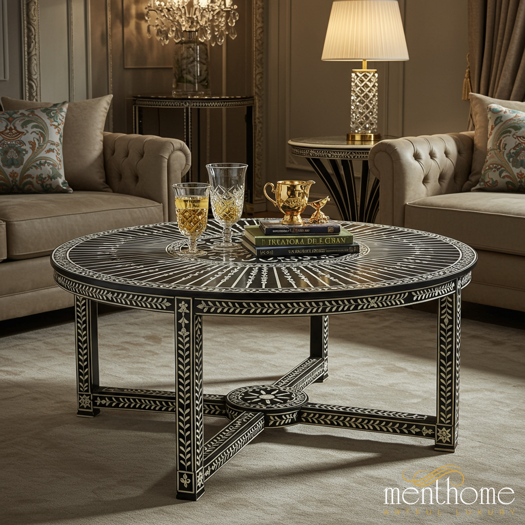 Elegant Round Black and White Inlaid Coffee Table | Luxury Handmade Coffee Table