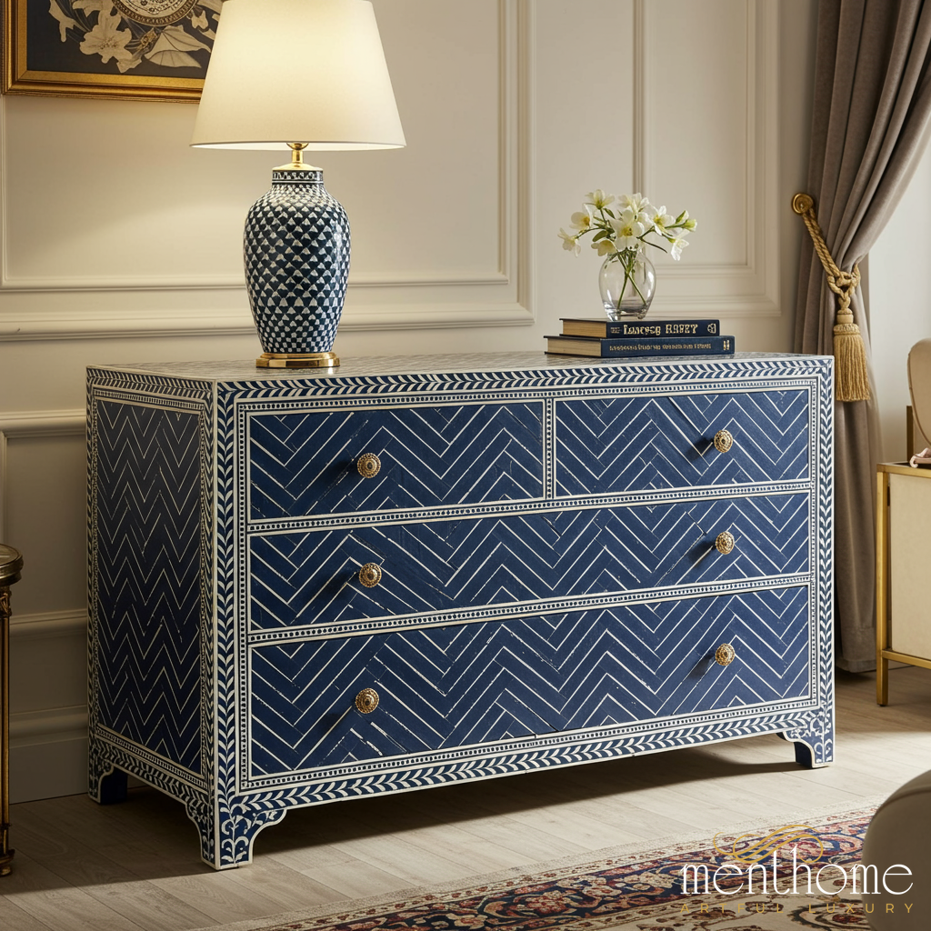 Blue and White Patterned Wood Dresser with Brass Knobs | Luxury Handma Menthome USA Blue and White Patterned Wood Dresser with Brass Knobs | Luxury Handma Menthome USA