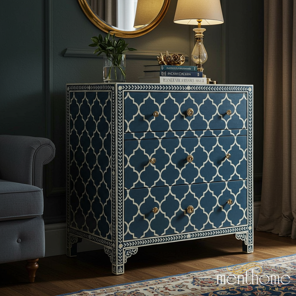 Handcrafted Moroccan Style Blue Bone Inlay Chest Of Drawers Menthome USA Handcrafted Moroccan Style Blue Bone Inlay Chest Of Drawers Menthome USA