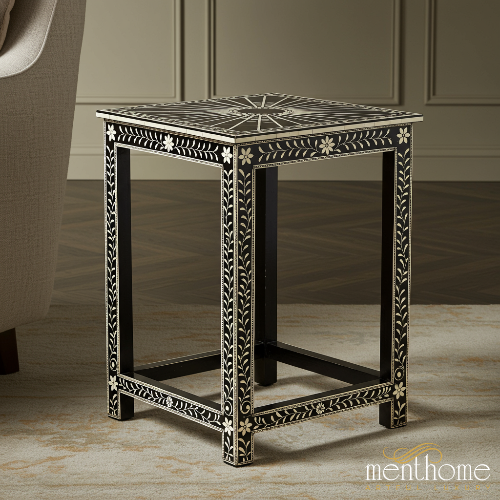 Black and White Floral Patterned Side Table | Luxury Handmade Side Table