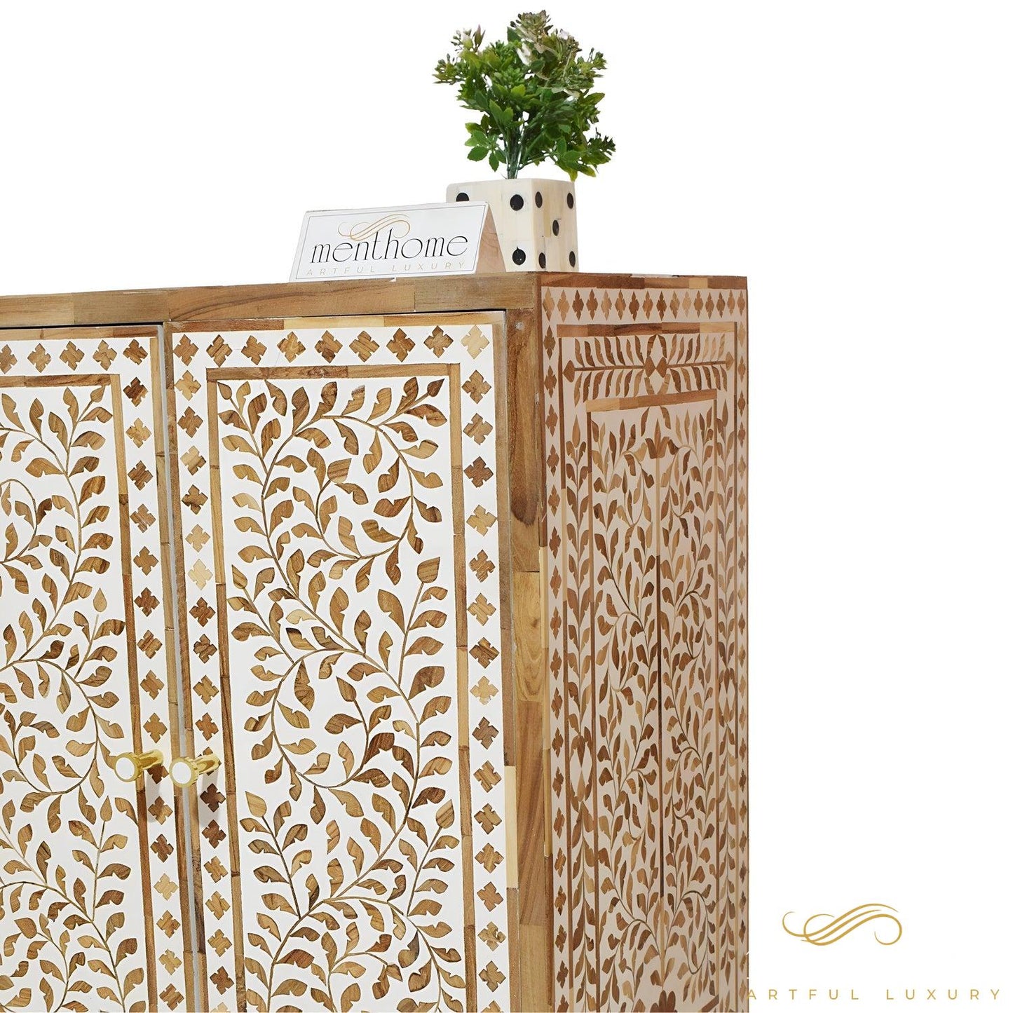 Floral Pattern Wooden Inlay 4-door and 3 drawers cabinet | Luxury Handmade Cabinet