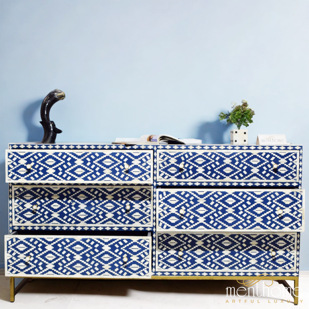 Navy Blue Bone Inlay Eye Cut pattern 6-Drawer Dresser | Luxury Handmade Dresser
