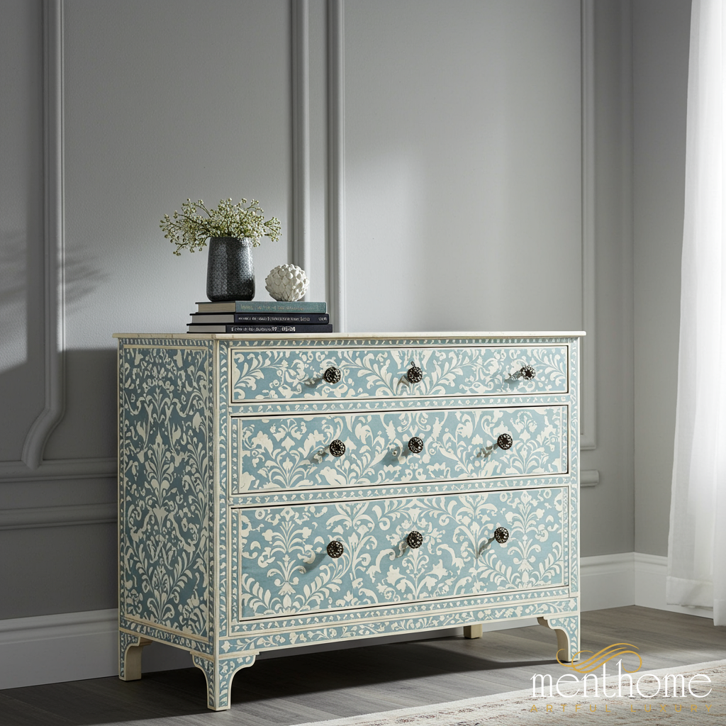 Vintage Blue Patterned 3-Drawer Chest | Luxury Handmade Dresser Vintage Blue Patterned 3-Drawer Chest | Luxury Handmade Dresser