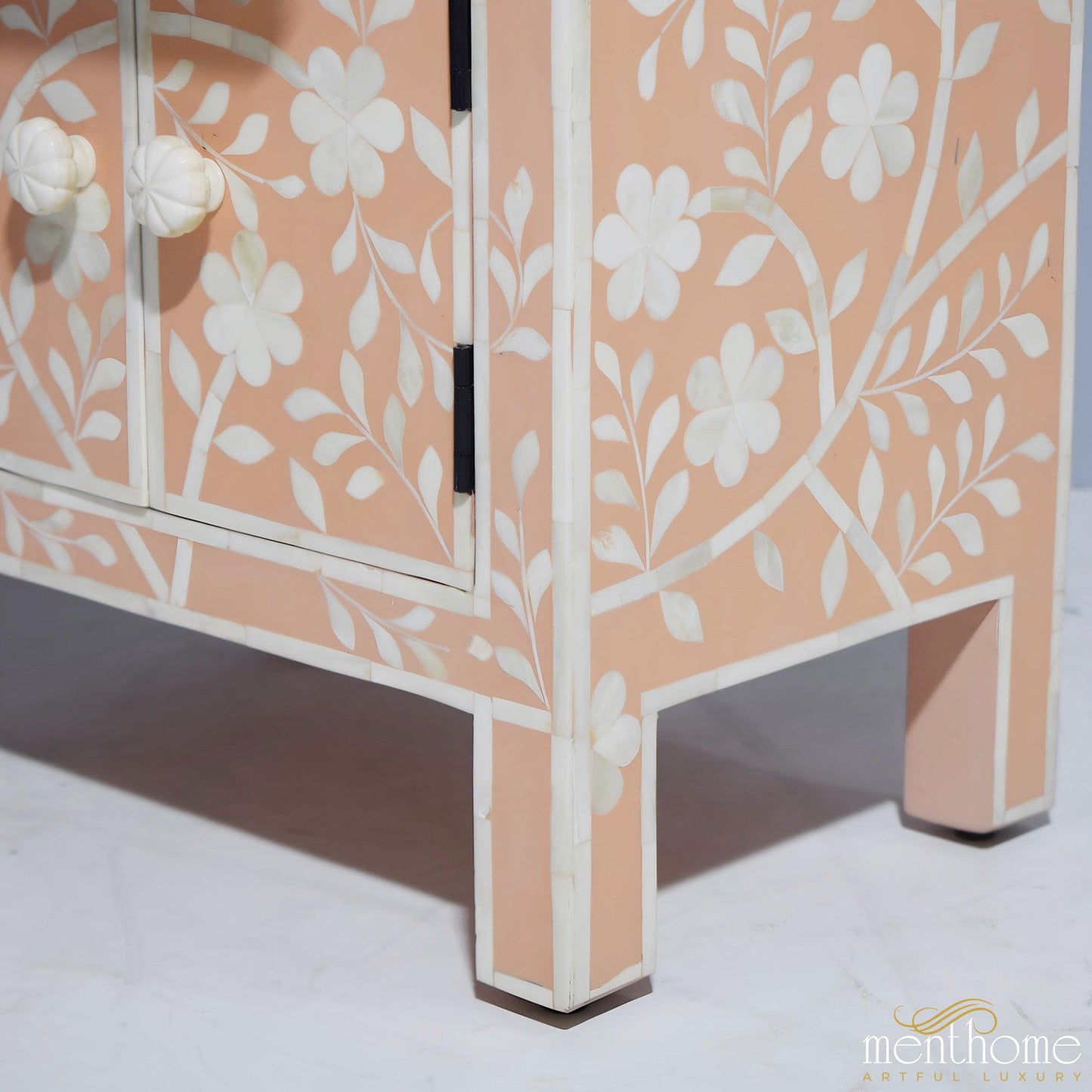 Flower Pattern Inlaid Bedside Table in Orange Color | Luxury Handmade Bedside Table