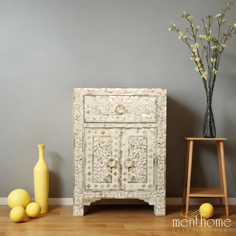 Mother of Pearl Inlay Bedside Floral Design | Luxury Handmade Bedside Table
