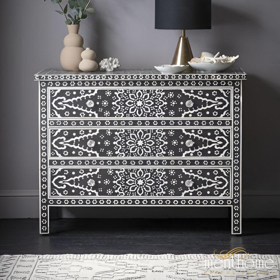 grey bone inlay dresser Handcrafted Grey Bone Inlay Dresser | Floral Vine Chest of Drawers
