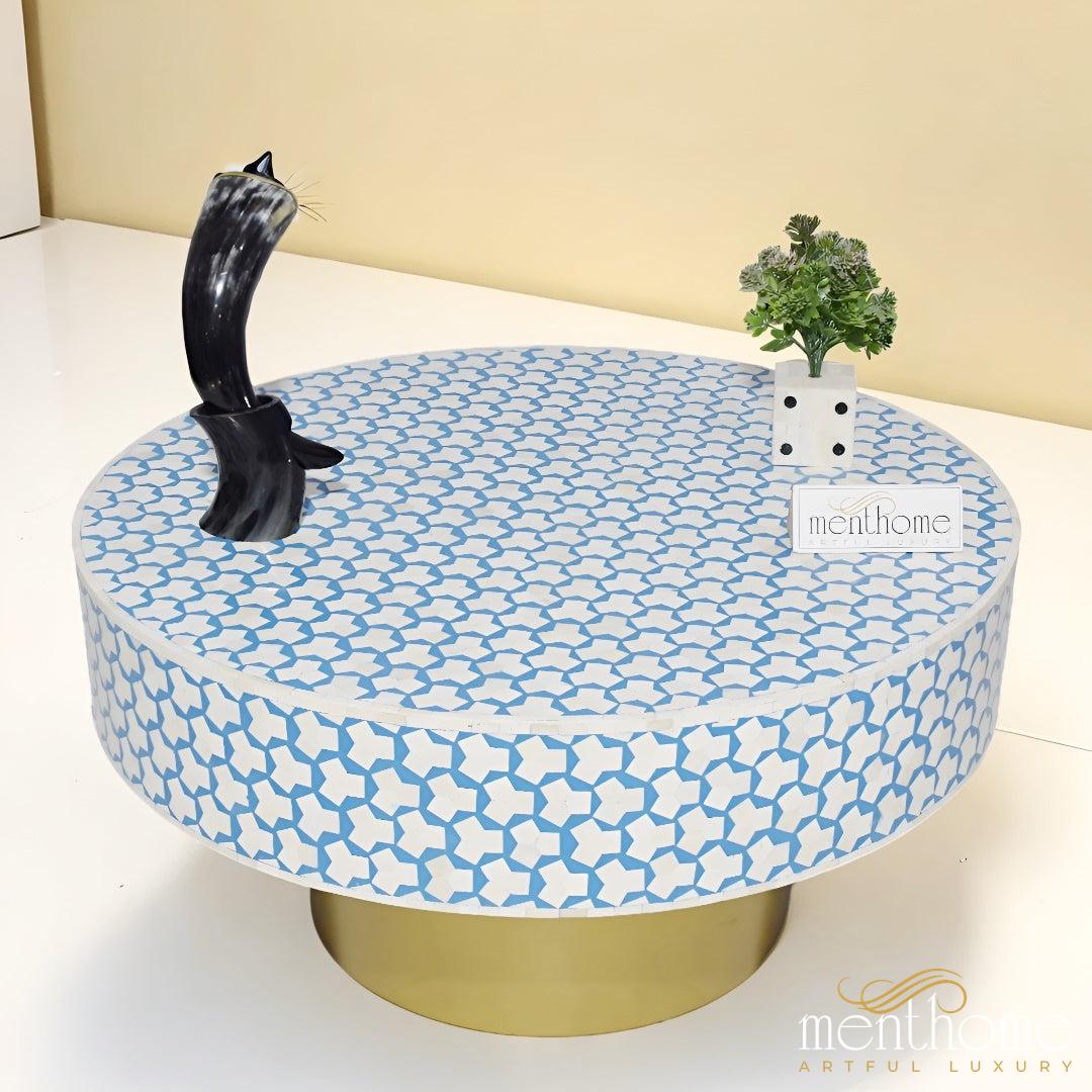Sky Blue Coffee Table Round, featuring a sleek Brass Base | Luxury Handmade Coffee Table