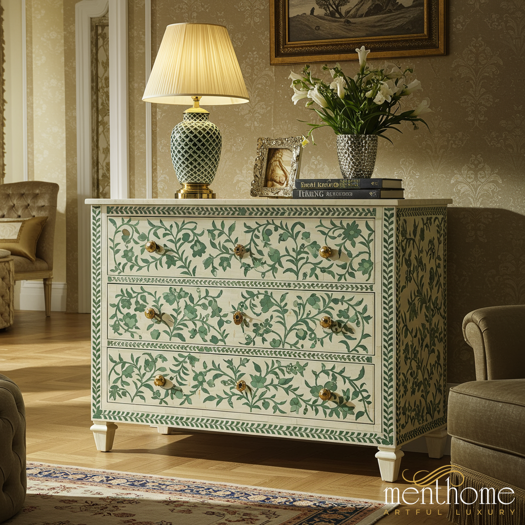 Hand-Painted Floral 3-Drawer Chest | Luxury Handmade Dresser - L(76"Wx18"Dx34"H) / Bone Inlay Hand-Painted Floral 3-Drawer Chest | Luxury Handmade Dresser - L(76"Wx18"Dx34"H) / Bone Inlay