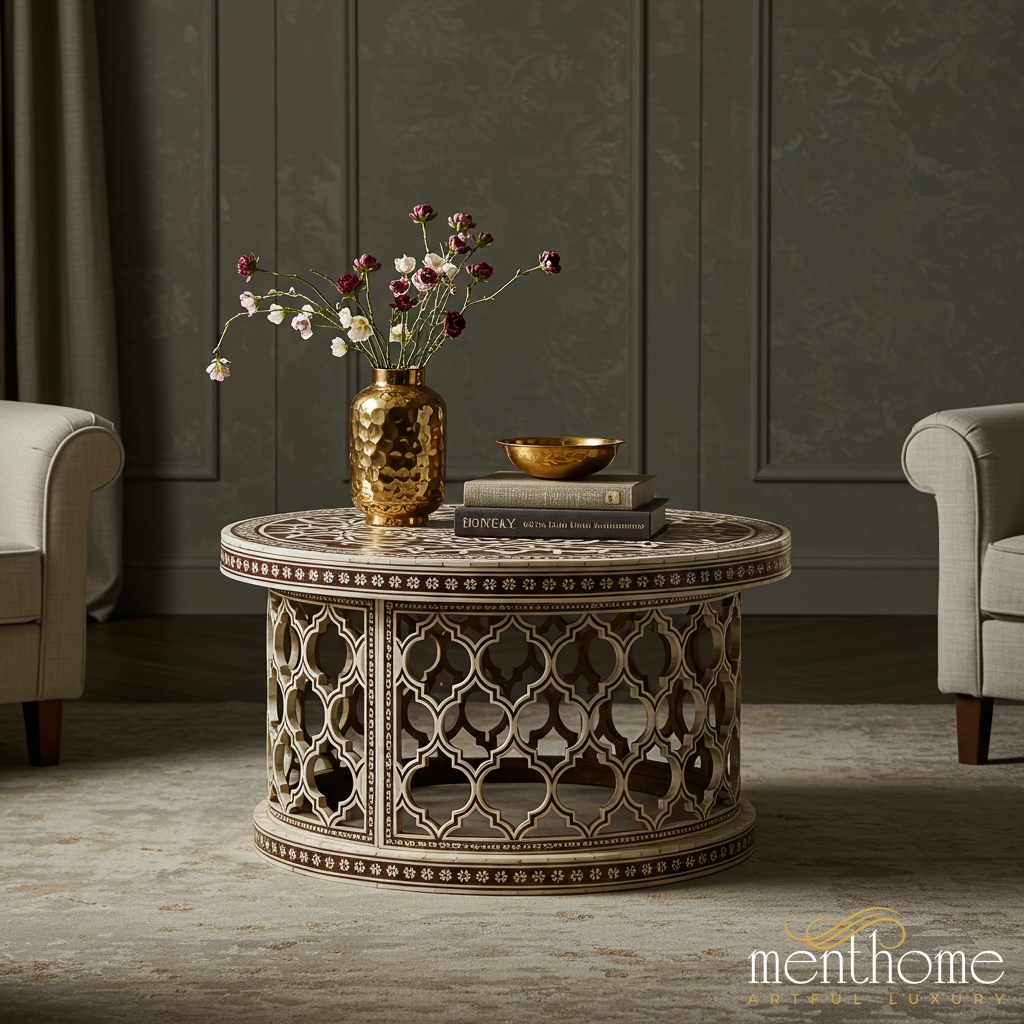 Intricately Designed Round Wooden Coffee Table | Luxury Handmade Coffee Table